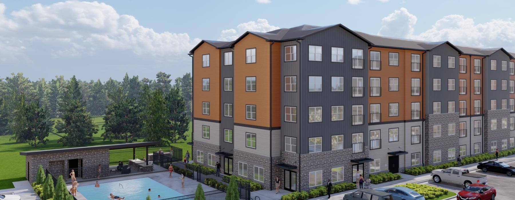 a building with a pool in front